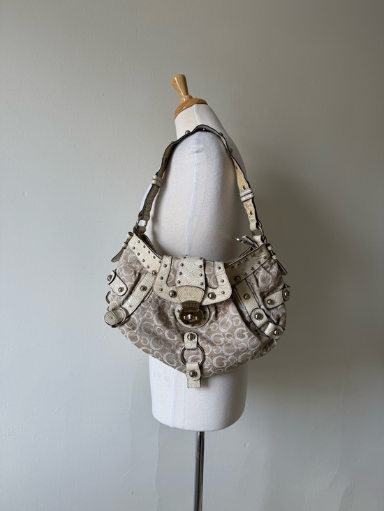 Guess Handbags - Vintage Guess Logo Shoulder Bag Y2K Monogram Beige Studded Hobo